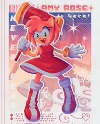 Size: 1658x2048 | Tagged: safe, artist:vesperiian, amy rose, hedgehog, abstract background, female, open mouth, piko piko hammer, smiling, solo, text