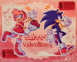 Size: 2048x1647 | Tagged: safe, artist:vesperiian, amy rose, sonic the hedgehog, hedgehog, amy x sonic, barcode, blushing, bouquet, couple, female, flower, male, one eye closed, paper, rose, shipping, ticket, valentine's day