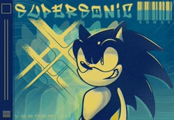 Size: 2263x1569 | Tagged: safe, artist:vesperiian, sonic the hedgehog, hedgehog, abstract background, barcode, grin, grinning, male, solo, text