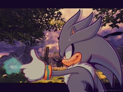 Size: 2096x1569 | Tagged: safe, artist:vesperiian, silver the hedgehog, bird, eagle, hedgehog, sonic the hedgehog (2006), castle, cloud, clouds, glowing, grass, kingdom valley, male, ruins, screencap, screenshot, smiling, solo, telekinesis, tree