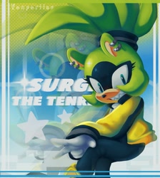 Size: 1838x2048 | Tagged: safe, artist:vesperiian, surge the tenrec, tenrec, abstract background, alternate outfit, female, grin, grinning, missing limb, solo, text