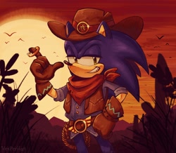 Size: 2160x1882 | Tagged: safe, artist:vesperiian, sonic the hedgehog, bird, hedgehog, alternate outfit, bandana, cowboy hat, male, red sky, sheriff sonic, sheriff star, solo, sonic dash, sonic forces: speed battle, sun, sunset, vest, wheat