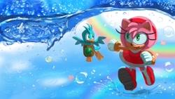 Size: 2560x1440 | Tagged: safe, artist:lemonade-pop, amy rose, flicky, bird, hedgehog, sonic adventure, bubbles, duo, female, ocean, open mouth, rainbow, water
