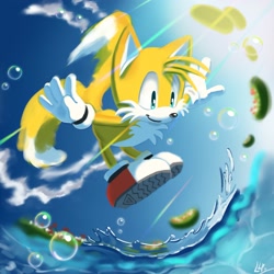 Size: 2500x2500 | Tagged: safe, artist:lemonade-pop, miles "tails" prower, fox, bubbles, cloud, clouds, flying, male, ocean, scenery, solo, water