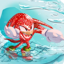 Size: 2500x2500 | Tagged: safe, artist:lemonade-pop, knuckles the echidna, echidna, fruit, fusion, grin, grinning, male, punching, solo, strawberry, water