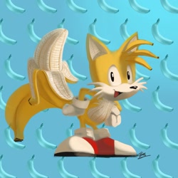 Size: 1983x1983 | Tagged: safe, artist:lemonade-pop, miles "tails" prower, fox, banana, fruit, fusion, hands on hips, male, open mouth, solo