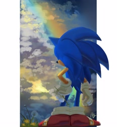 Size: 2316x2500 | Tagged: safe, artist:lemonade-pop, sonic the hedgehog, hedgehog, cloud, clouds, dandelion, flower, flowers, grass, looking away, male, rainbow, scenery, solo