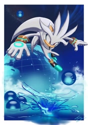 Size: 1900x2700 | Tagged: safe, artist:lemonade-pop, silver the hedgehog, hedgehog, abstract background, earth, frutiger aero, male, scenery, solo, space, water, wireframe