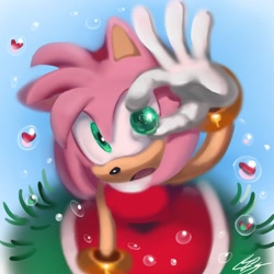 Size: 2056x2060 | Tagged: safe, artist:lemonade-pop, amy rose, hedgehog, bubbles, enclosed in a bubble, female, grass, heart, hearts, marble, solo, underwater, water
