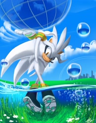 Size: 2412x3100 | Tagged: safe, artist:lemonade-pop, silver the hedgehog, hedgehog, bubbles, city, cloud, clouds, earth, frutiger aero, grass, looking at viewer, male, skyscraper, smile, smiling, solo, underwater, water, wireframe