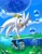 Size: 2412x3100 | Tagged: safe, artist:lemonade-pop, silver the hedgehog, hedgehog, abstract background, bubbles, city, cloud, clouds, earth, frutiger aero, grass, looking at viewer, male, skyscraper, smile, smiling, solo, underwater, water, wireframe