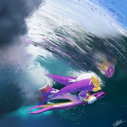 Size: 2010x2010 | Tagged: safe, artist:lemonade-pop, wave the swallow, swallow, bubbles, extreme gear, female, ocean, solo, surfing, underwater, water, water reflection, waves