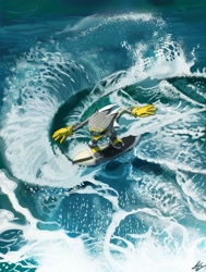Size: 1892x2500 | Tagged: safe, artist:lemonade-pop, storm the albatross, albatross, extreme gear, male, ocean, solo, surfing, water, waves