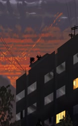 Size: 1388x2218 | Tagged: safe, artist:lemonade-pop, miles "tails" prower, sonic the hedgehog, fox, hedgehog, cloud, clouds, duo, male, powerlines, scenery, silhouette, skyscraper, sunset, tree