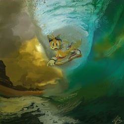 Size: 2500x2500 | Tagged: safe, artist:lemonade-pop, miles "tails" prower, fox, beach, cloud, clouds, extreme gear, male, mountain, ocean, powerlines, sand, solo, surfing, water, waves