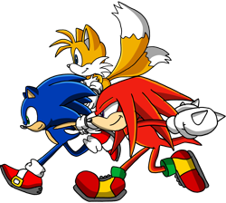 Size: 4459x3992 | Tagged: safe, artist:tails19950, knuckles the echidna, miles "tails" prower, sonic the hedgehog, 2012, flying, looking offscreen, running, side view, simple background, smile, team sonic, transparent background, trio
