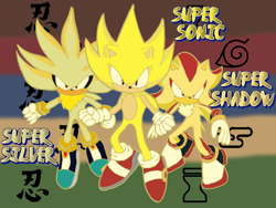 Size: 800x600 | Tagged: safe, artist:tails19950, shadow the hedgehog, silver the hedgehog, sonic the hedgehog, super shadow, super sonic, 2011, abstract background, character name, flying, super form, super silver, trio