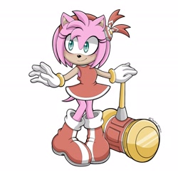 Size: 2048x1980 | Tagged: safe, artist:chelsiegeorgia, amy rose, sonic adventure, 2022, holding something, looking offscreen, piko piko hammer, signature, simple background, smile, solo, standing, warrior feather, white background