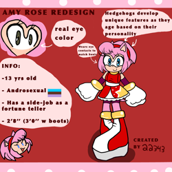 Size: 4096x4096 | Tagged: safe, artist:aa343, amy rose, 2025, alternate universe, androsexual, androsexual pride, blue eyes, english text, eye contacts, flat colors, looking at viewer, pride flag, redesign, reference sheet, signature, smile, solo