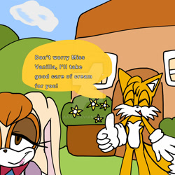 Size: 1280x1280 | Tagged: safe, artist:aa343, miles "tails" prower, vanilla the rabbit, comic:babysitting (aa343), 2025, abstract background, clouds, comic, daytime, deviantart watermark, dialogue, duo, english text, eyes closed, flower, house, obtrusive watermark, outdoors, smile, speech bubble, standing, thumbs up, watermark