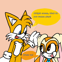 Size: 1280x1280 | Tagged: safe, artist:aa343, cream the rabbit, miles "tails" prower, comic:babysitting (aa343), 2025, comic, deviantart watermark, dialogue, duo, english text, female, flat colors, looking at each other, male, mouth open, obtrusive watermark, open smile, simple background, smile, speech bubble, standing, watermark