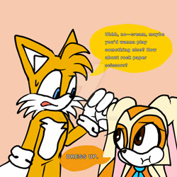 Size: 1280x1280 | Tagged: safe, artist:aa343, cream the rabbit, miles "tails" prower, comic:babysitting (aa343), 2025, comic, deviantart watermark, dialogue, duo, english text, female, flat colors, frown, indoors, looking at each other, male, mouth open, obtrusive watermark, pout, simple background, speech bubble, standing, sweatdrop, watermark