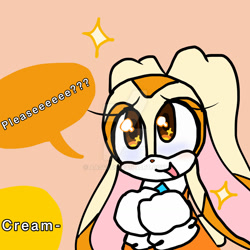 Size: 1280x1280 | Tagged: safe, artist:aa343, cream the rabbit, comic:babysitting (aa343), 2025, comic, creamabetes, cute, deviantart watermark, dialogue, english text, female, flat colors, indoors, looking offscreen, mouth open, obtrusive watermark, offscreen character, simple background, smile, solo, sparkles, sparkling eyes, speech bubble, talking, talking to offscreen character, watermark