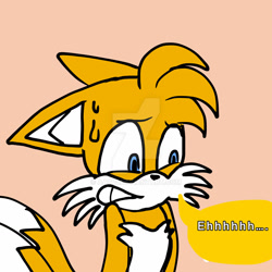 Size: 1280x1280 | Tagged: safe, artist:aa343, miles "tails" prower, comic:babysitting (aa343), 2025, clenched teeth, comic, deviantart watermark, dialogue, flat colors, floppy ears, frown, indoors, looking offscreen, male, nervous, obtrusive watermark, simple background, solo, speech bubble, sweatdrop, talking, talking to offscreen character, watermark
