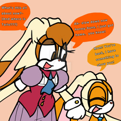 Size: 1280x1280 | Tagged: safe, artist:aa343, cream the rabbit, vanilla the rabbit, comic:babysitting (aa343), 2025, comic, deviantart watermark, dialogue, duo, duo female, english text, eyes closed, female, flat colors, holding hands, indoors, looking at them, mother and daughter, mouth open, obtrusive watermark, open smile, simple background, smile, speech bubble, talking, watermark