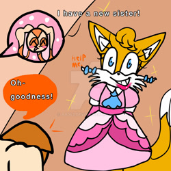 Size: 1280x1280 | Tagged: safe, artist:aa343, cream the rabbit, miles "tails" prower, vanilla the rabbit, comic:babysitting (aa343), 2025, alternate hairstyle, blushing, bow, comic, crossdressing, deviantart watermark, dialogue, dress, english text, eyelashes, female, femboy, flat colors, indoors, lipstick, male, obtrusive watermark, simple background, smile, sparkles, speech bubble, standing, trio, watermark