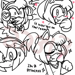Size: 1280x1280 | Tagged: safe, artist:aa343, amy rose, 2025, alternate outfit, alternate universe, androsexual, dialogue, english text, eyes closed, female, headphones, headset, holding something, line art, monochrome, obtrusive watermark, redesign, signature, simple background, smile, solo, solo female, sparkles, sweatdrop, watermark, white background