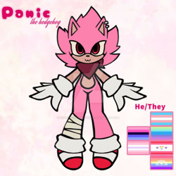 Size: 1024x1024 | Tagged: safe, artist:shadowedluminescence, oc, oc:panic the hedgehog, hedgehog, 2024, :3, amaregender, amaregender pride, bandage, bandana, character name, character sheet, cute, deviantart watermark, ear piercing, earring, flat colors, gloves, mingender, mingender pride, obtrusive watermark, oc only, ocbetes, omnisexual, omnisexual pride, pink fur, pomosexual, pomosexual pride, pride flag, pronouns, red eyes, shoes, simple background, smile, socks, solo, standing, trans pride, transgender, wall of tags, watermark, white background, xenogender, xenogender pride