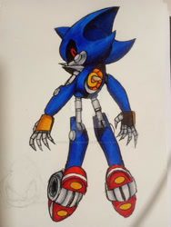 Size: 1280x1700 | Tagged: safe, artist:shadowedluminescence, metal sonic, 2024, black sclera, deviantart watermark, flying, looking at viewer, looking back, looking back at viewer, looking over shoulder, obtrusive watermark, robot, solo, traditional media, watermark