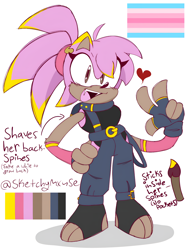 Size: 2480x3285 | Tagged: safe, artist:somebodystolemybread, oc, oc:maple (somebodystolemybread), hedgehog, 2025, character sheet, clothes, female, fingerless gloves, hair up, hand on hip, looking at viewer, mouth open, oc only, open smile, ponytail, pride flag, shoes, simple background, smile, solo, solo female, standing, trans female, transfem pride, transfeminine, transgender, v sign, white background
