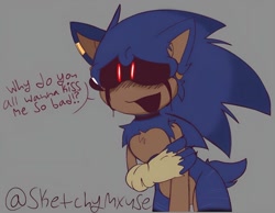 Size: 1116x867 | Tagged: safe, artist:somebodystolemybread, oc, oc:sonic.exe, 2025, alternate universe, au:the curse, bending over, black blood, black sclera, bleeding, bleeding from eyes, blood, claws, cute, dialogue, ear fluff, ear piercing, earring, english text, grey background, holding arm, looking offscreen, mouth open, open smile, signature, simple background, smile, solo, standing, top surgery scars, torn gloves, trans male, transgender
