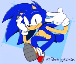 Size: 2048x1729 | Tagged: safe, artist:somebodystolemybread, sonic the hedgehog, 2025, abstract background, backwards v sign, head rest, looking at viewer, signature, smile, solo, v sign