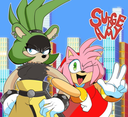 Size: 680x619 | Tagged: safe, artist:noinxwarpstar, amy rose, surge the tenrec, 2025, abstract background, blushing, character name, city, cityscape, daytime, duo, frown, linking arms, looking at viewer, mouth open, open smile, outdoors, outline, smile, standing, v sign, wink
