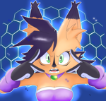 Size: 2737x2603 | Tagged: safe, artist:noinxwarpstar, nicole the hololynx, 2025, abstract background, ear fluff, female, finger on head, glowing, looking at viewer, mouth open, outline, solo, solo female