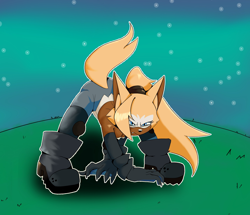 Size: 2574x2213 | Tagged: safe, artist:noinxwarpstar, whisper the wolf, 2025, abstract background, all fours, angry, ass up, cleavage, female, grass, looking offscreen, one fang, outline, solo, solo female