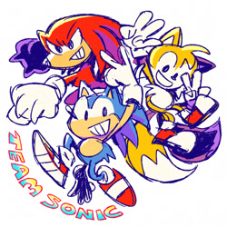 Size: 2000x2000 | Tagged: safe, artist:cigardoesart, knuckles the echidna, miles "tails" prower, sonic the hedgehog, sonic heroes, 2025, clenched fist, cute, knucklebetes, looking at viewer, looking offscreen, mid-air, simple background, sketch, smile, sonabetes, tailabetes, team sonic, trio, v sign, white background