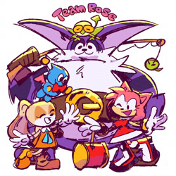 Size: 2000x2000 | Tagged: safe, artist:cigardoesart, amy rose, big the cat, cheese (chao), cream the rabbit, froggy, chao, sonic heroes, 2025, :3, agender, amybetes, bigabetes, creamabetes, cute, english text, eyes closed, female, fishing pole, group, male, neutral chao, on head, piko piko hammer, simple background, sketch, smile, standing, team rose, white background, wink