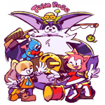 Size: 2000x2000 | Tagged: safe, artist:cigardoesart, amy rose, big the cat, cheese (chao), cream the rabbit, froggy, chao, sonic heroes, 2025, :3, agender, amybetes, bigabetes, creamabetes, cute, english text, eyes closed, female, fishing pole, group, male, neutral chao, on head, piko piko hammer, simple background, sketch, smile, standing, team rose, white background, wink