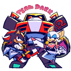 Size: 2000x2000 | Tagged: safe, artist:cigardoesart, e-123 omega, rouge the bat, shadow the hedgehog, sonic heroes, 2025, arms folded, cute, english text, female, frown, holding them, looking at viewer, male, mouth open, omegabetes, one fang, open smile, robot, rougabetes, shadowbetes, simple background, sitting, sketch, smile, standing, team dark, trio, white background