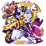 Size: 2000x2000 | Tagged: safe, artist:cigardoesart, charmy bee, espio the chameleon, vector the crocodile, sonic heroes, 2025, charmabetes, clenched fist, cute, english text, espibetes, flying, frown, holding something, looking at viewer, looking offscreen, male, males only, mid-air, ninja star, sketch, smile, team chaotix, trio, trio male, vectorbetes, wink