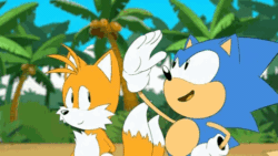 Size: 500x281 | Tagged: safe, miles "tails" prower, sonic the hedgehog, sonic mania adventures, abstract background, animated, beach, classic sonic, classic tails, coconut, daytime, duo, edit, eyes closed, fistbump, gif, looking at each other, looking offscreen, outdoors, palm tree, screencap, smile, tree, wink
