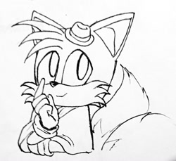 Size: 1024x940 | Tagged: safe, artist:far_sunrise, miles "tails" prower, the murder of sonic the hedgehog, 2023, arms folded, hat, line art, looking offscreen, monochrome, poncho, simple background, smile, solo, white background