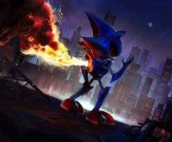 Size: 2048x1689 | Tagged: safe, artist:thataudio, metal sonic, 2025, abstract background, black sclera, city, cityscape, fire, lineless, looking at viewer, looking back, looking over shoulder, nighttime, outdoors, robot, smoke, solo, standing