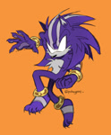 Size: 938x1132 | Tagged: safe, artist:pokeypoqi, sonic the hedgehog, 2025, barefoot, chest fluff, claws, clenched fist, darkspine sonic, ear fluff, gloves off, looking at viewer, no pupils, orange background, shoes off, signature, simple background, socks off, solo, top surgery scars, trans male, transgender
