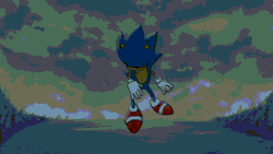 Size: 1280x720 | Tagged: safe, artist:ricecaqes, sonic the hedgehog, super sonic, 2025, abstract background, animated, chaos emerald, clenched fists, flying, frown, gif, mid-air, no sound, solo, super form, super transformation