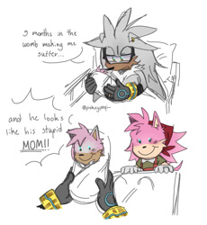 Size: 1080x1172 | Tagged: safe, artist:pokeypoqi, amy rose, silver the hedgehog, oc, oc:ari the hedgehog, hedgehog, 2025, baby, dialogue, english text, faic, fankid, floppy ears, holding them, hospital bed, implied mpreg, implied pregnancy, meme, nine months in my womb, parent:amy, parent:silver, parents:silvamy, shipping, silvamy, simple background, smile, squinting, straight, talking, trio, white background